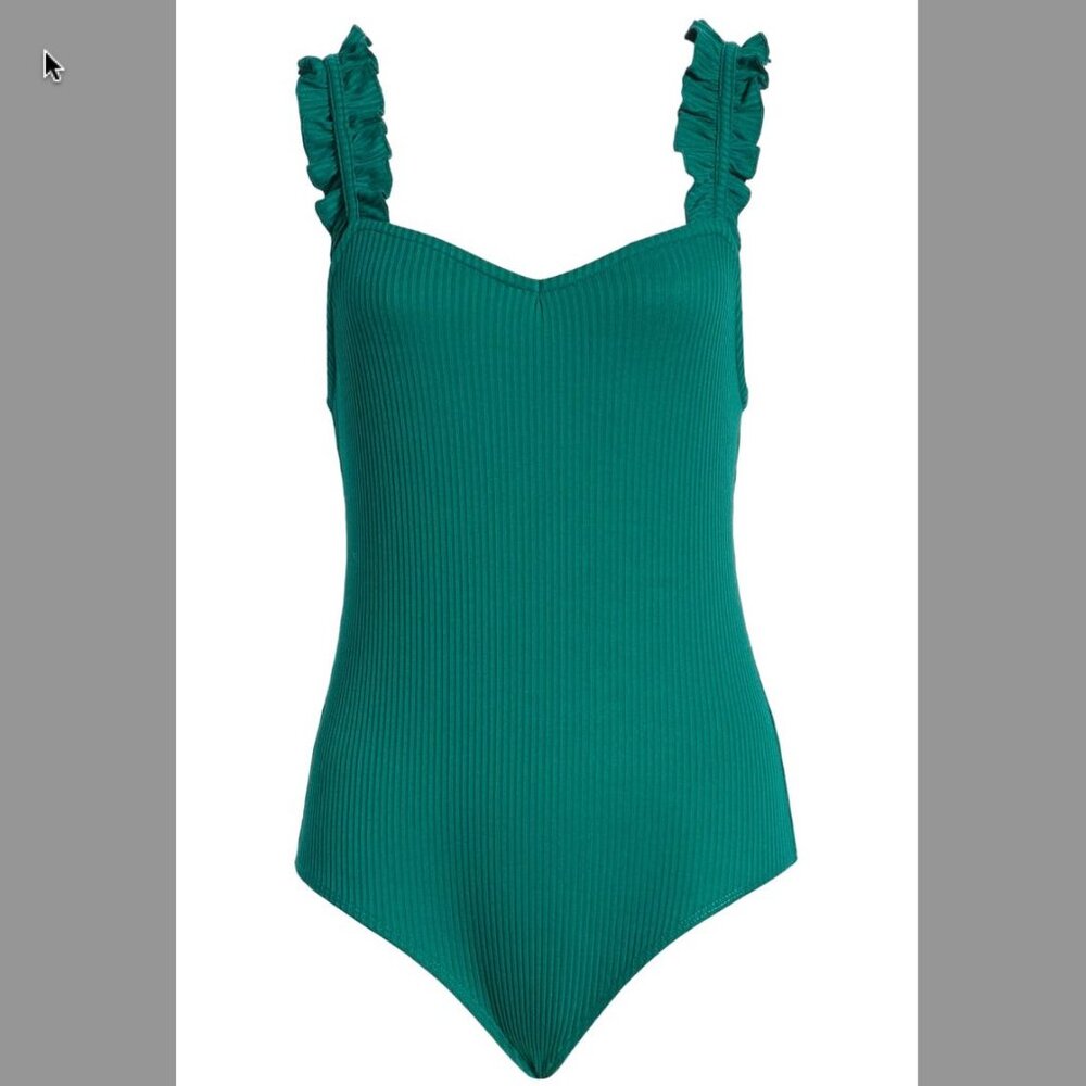 BP. Ruffle Strap Ribbed Bodysuit - Green Alpine (M) - Picture 7 of 11